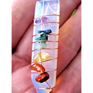 New Lg Natural Crystal Healing Chakra Gemstones & Opalite Wand Pendant Necklace
